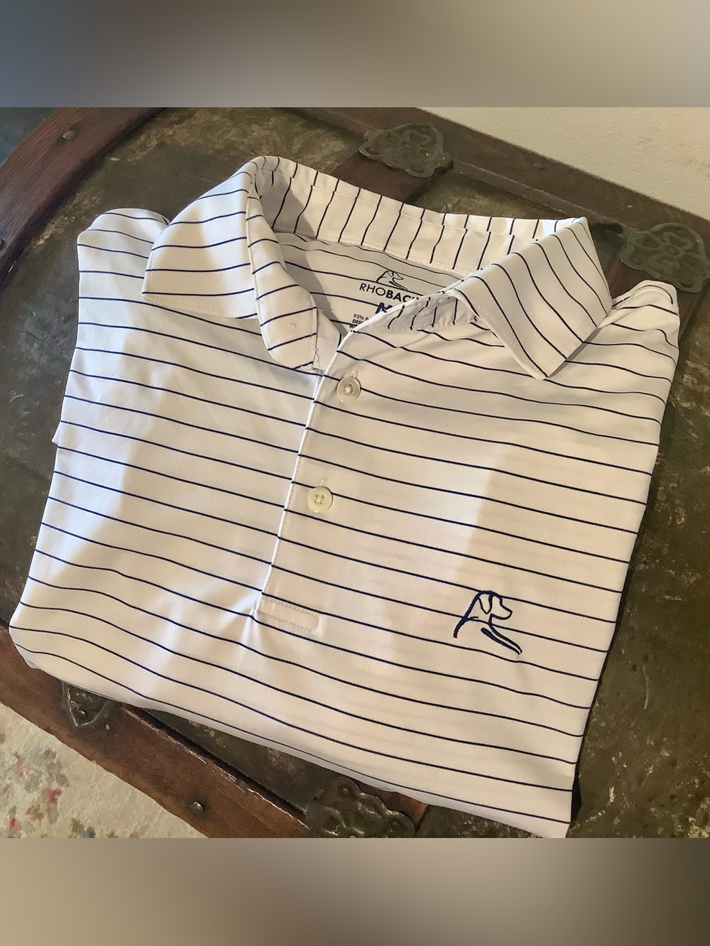 Rhoback White Polo with Navy Pinstripes Sz Med